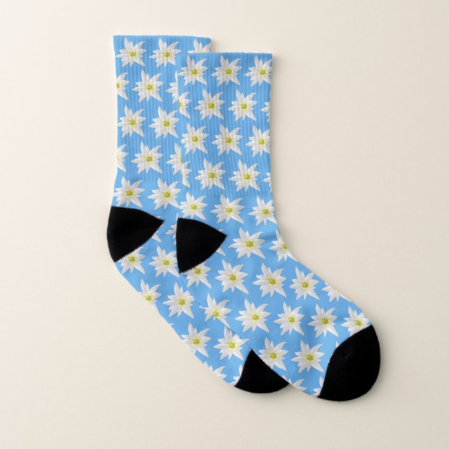 Blue and White Edelweiss Flower Pattern Socks (Pair)