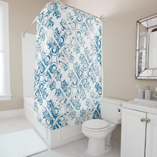 Blue and white elegant distressed folk art pattern shower curtain