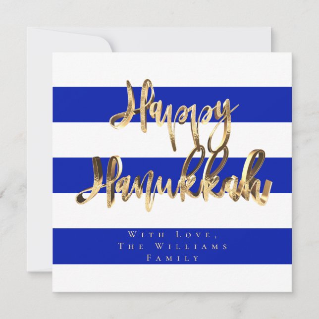 Blue and White Elegant Script Happy Hanukkah Holiday Card (Front)