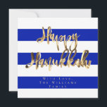 Blue and White Elegant Script Happy Hanukkah Holiday Card<br><div class="desc">Happy Hanukkah Typography Elegant Script,  Faux Gold Foil Text and Striped Pattern in Blue and White Israeli Flag Colors,  Chic Modern Hanukkah Card</div>