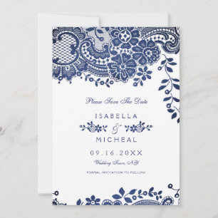 Blue and white elegant vintage lace save the date