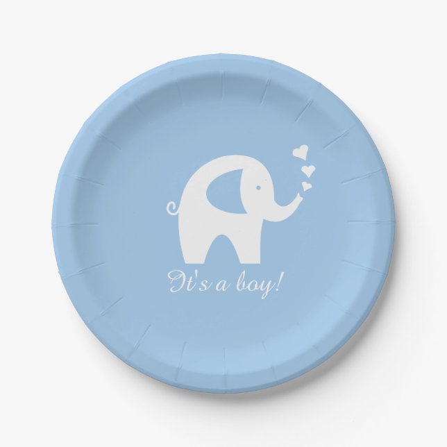 Blue and white elephant baby shower paper plates (Front)