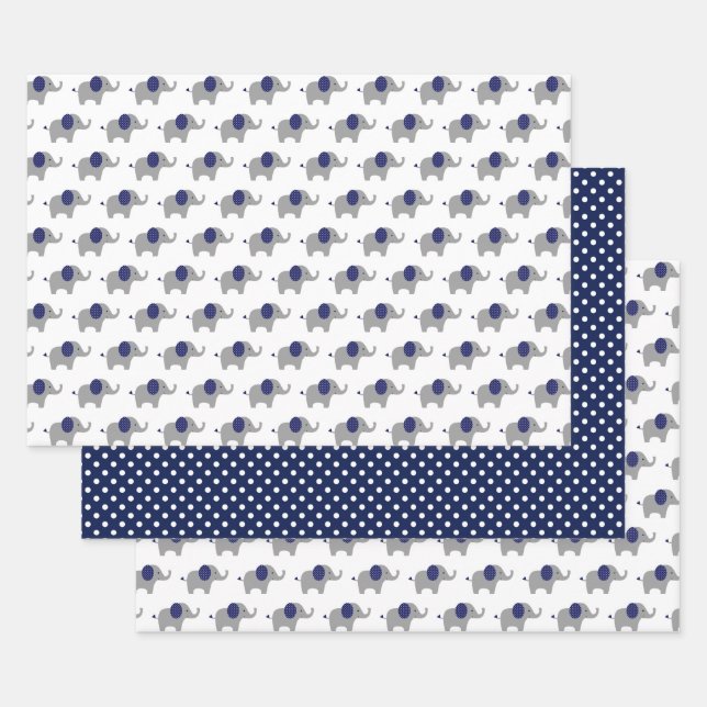 Blue and White Elephant Baby Shower Wrapping Paper Sheet (Set)