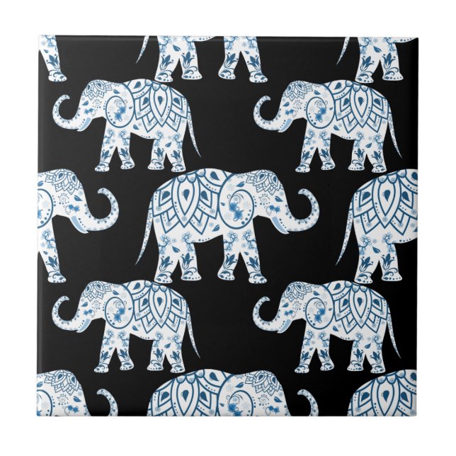 Blue and White Elephant Pattern Tile (Front)