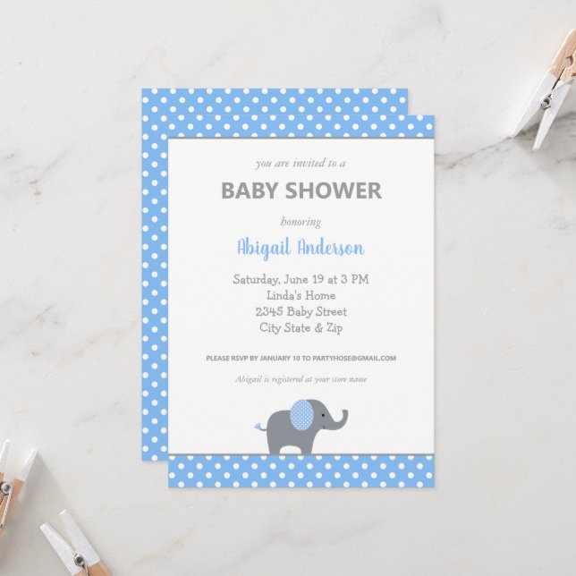  Blue and White Elephant Polka Dot Baby Shower Inv Invitation (Front/Back In Situ)
