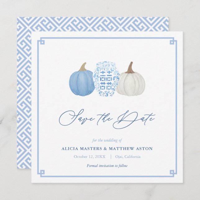 Blue And White Fall Chinoiserie Pumpkins Wedding Save The Date (Front/Back)