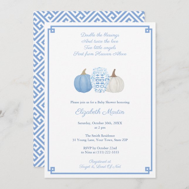 Blue And White Fall Twins Little Boys Baby Shower  Invitation (Front/Back)