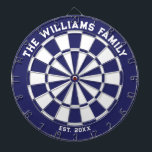 Blue and White Family Dartboard with Darts<br><div class="desc">Blue and white dart board with two custom text areas. Great wedding gift!</div>