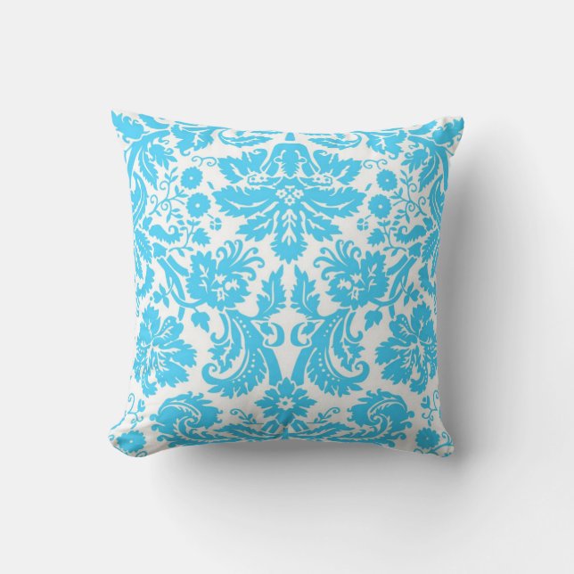 Blue and White Fancy Damask Patterned Cushion (Front)