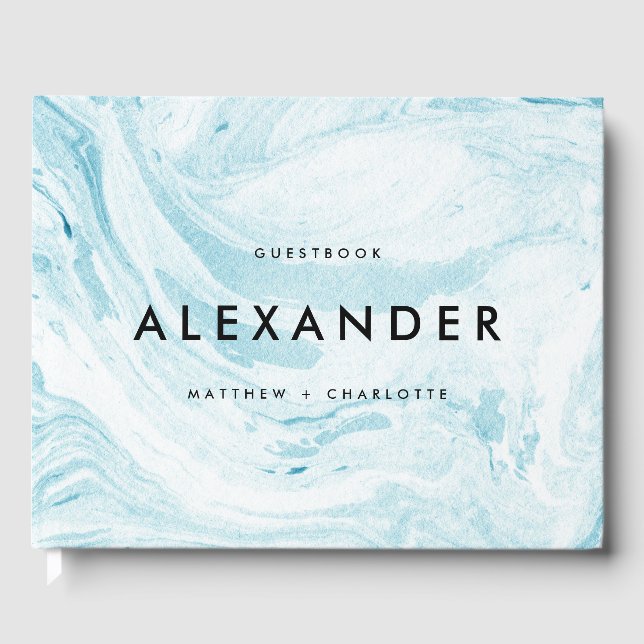 Blue and White Faux Marble Modern Wedding Photo Guest Book (Front)