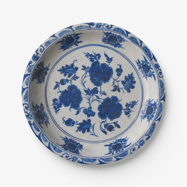 Blue and white faux porcelain Chinese chinoiserie Paper Plate (Front)