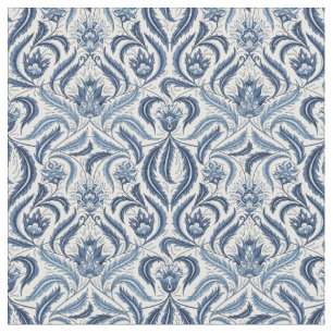 Blue and White Feathered Leaves Damask Floral Fabric
