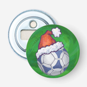Blue and White Festive Soccer Ball on Green Bottle Opener