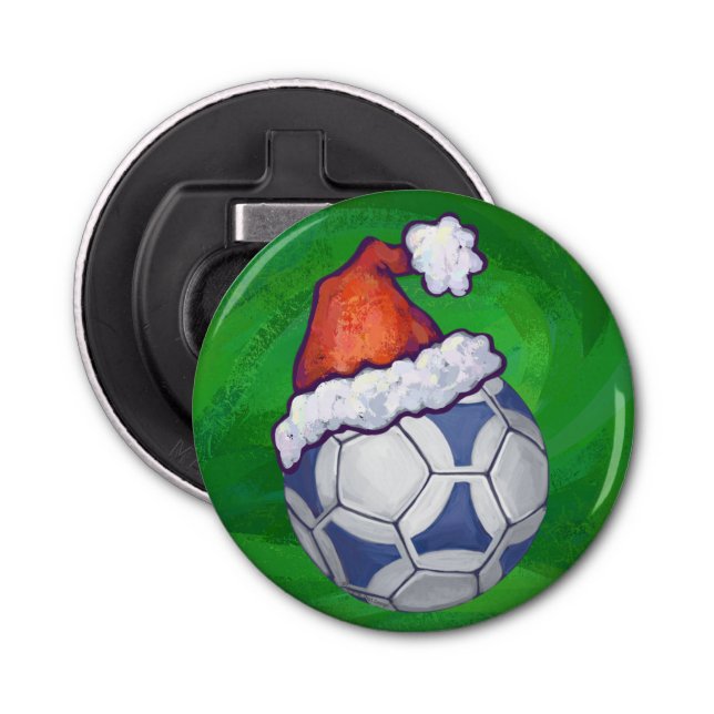 Blue and White Festive Soccer Ball on Green Bottle Opener (Front)