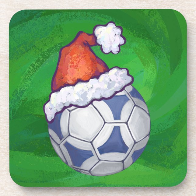 Blue and White Festive Soccer Ball on Green Coaster (Front)