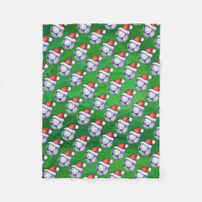Blue and White Festive Soccer Ball on Green Fleece Blanket (Front)