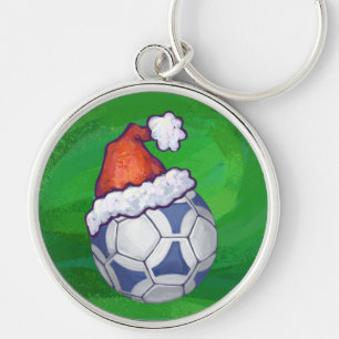 Blue and White Festive Soccer Ball on Green Key Ring