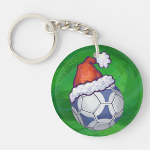 Blue and White Festive Soccer Ball on Green Key Ring