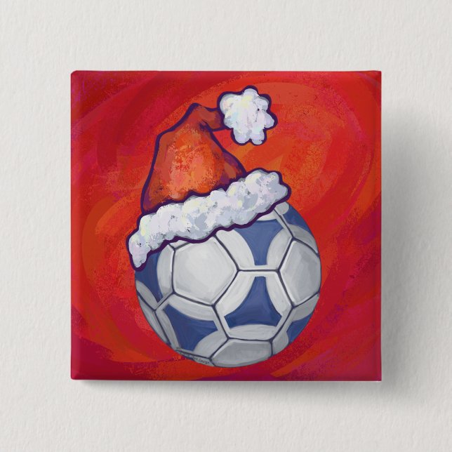 Blue and White Festive Soccer Ball on Red 15 Cm Square Badge (Front)