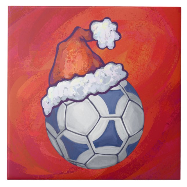 Blue and White Festive Soccer Ball on Red Ceramic Tile (Front)