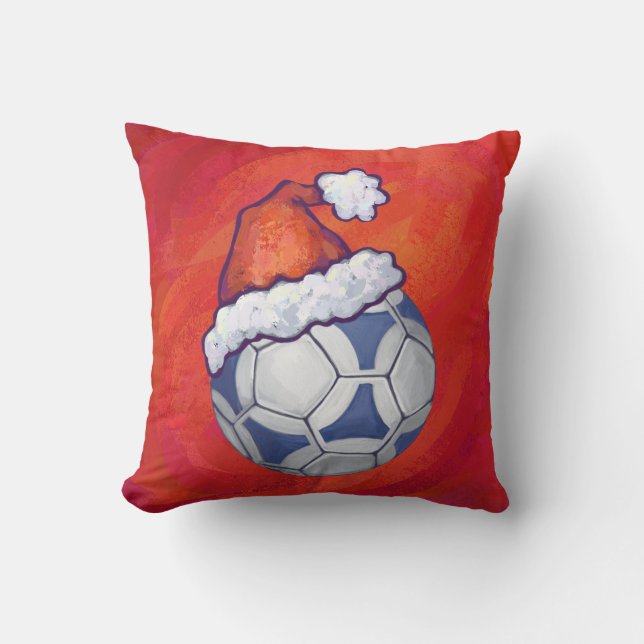 Blue and White Festive Soccer Ball on Red Cushion (Front)