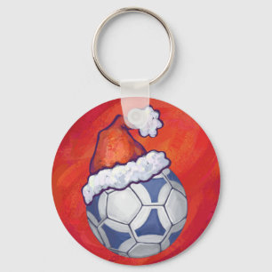 Blue and White Festive Soccer Ball on Red Key Ring