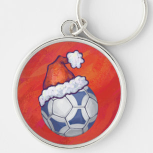 Blue and White Festive Soccer Ball on Red Key Ring