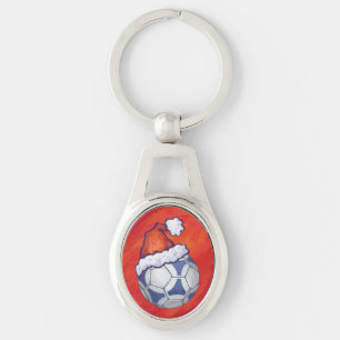 Blue and White Festive Soccer Ball on Red Key Ring