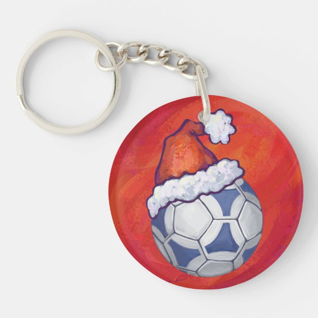 Blue and White Festive Soccer Ball on Red Key Ring (Front)