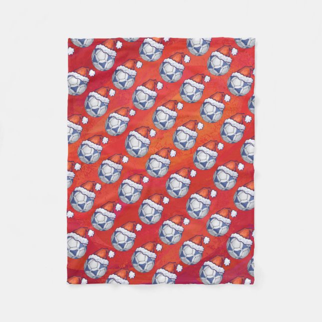 Blue and White Festive Soccer Ball Pattern on Red Fleece Blanket (Front)