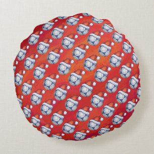 Blue and White Festive Soccer Ball Pattern on Red Round Cushion