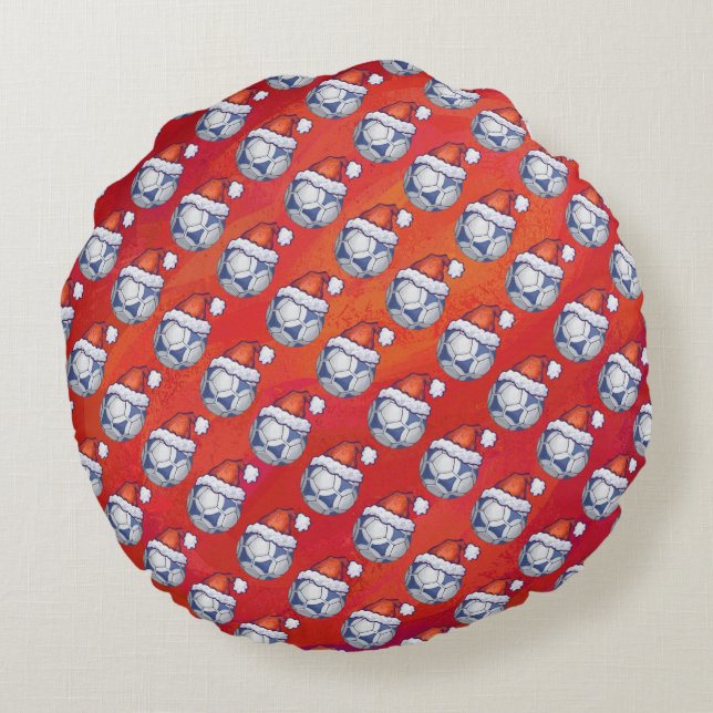 Blue and White Festive Soccer Ball Pattern on Red Round Cushion (Back)