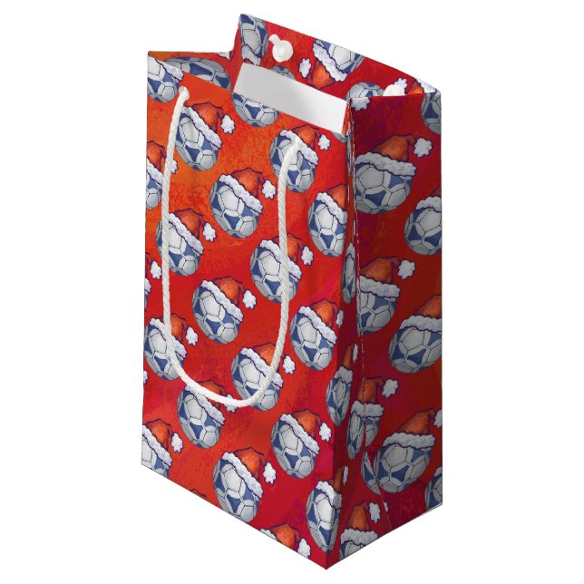 Blue and White Festive Soccer Ball Pattern on Red Small Gift Bag (Front Angled)