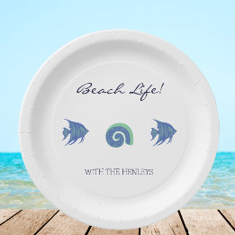 Blue and White Fish Shells Family Beach House Paper Plate