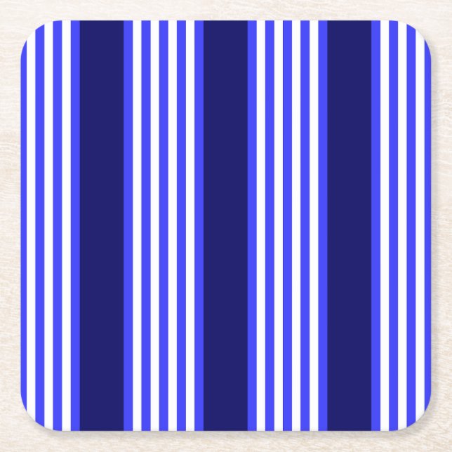 Blue and white five stripes pattern square paper coaster (Front)