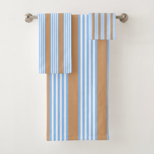Blue and white five stripes pattern with tan bath towel set
