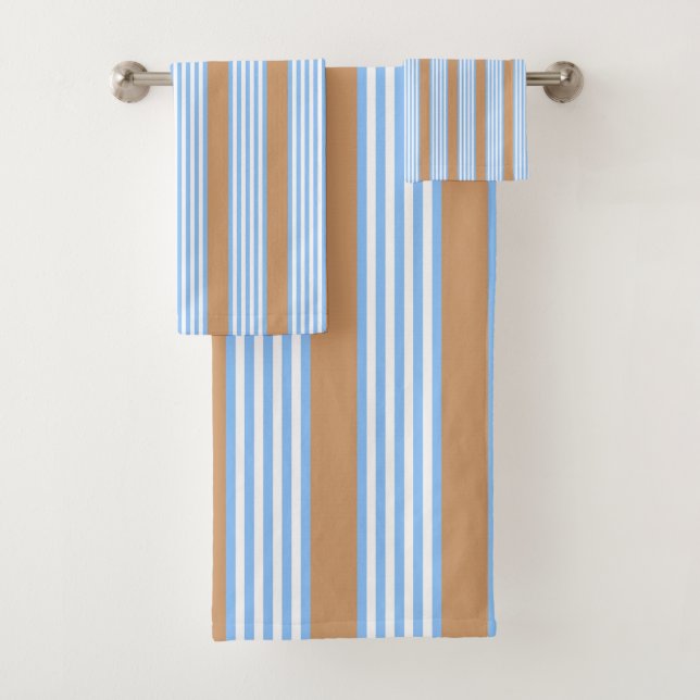 Blue and white five stripes pattern with tan bath towel set (Insitu)