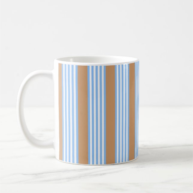 Blue and white five stripes pattern with tan coffee mug (Left)