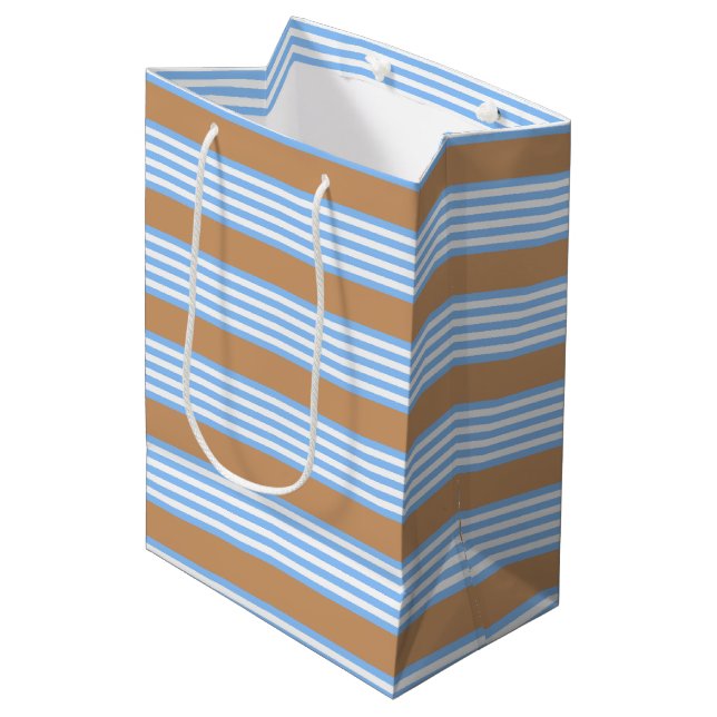 Blue and white five stripes pattern with tan medium gift bag (Front Angled)