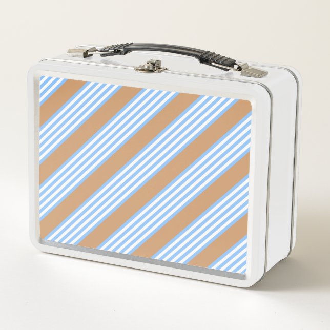 Blue and white five stripes pattern with tan metal lunch box (Front)