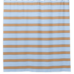 Blue and white five stripes pattern with tan shower curtain