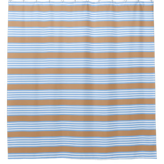 Blue and white five stripes pattern with tan shower curtain (Front)
