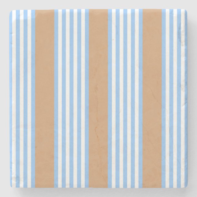 Blue and white five stripes pattern with tan stone coaster (Front)