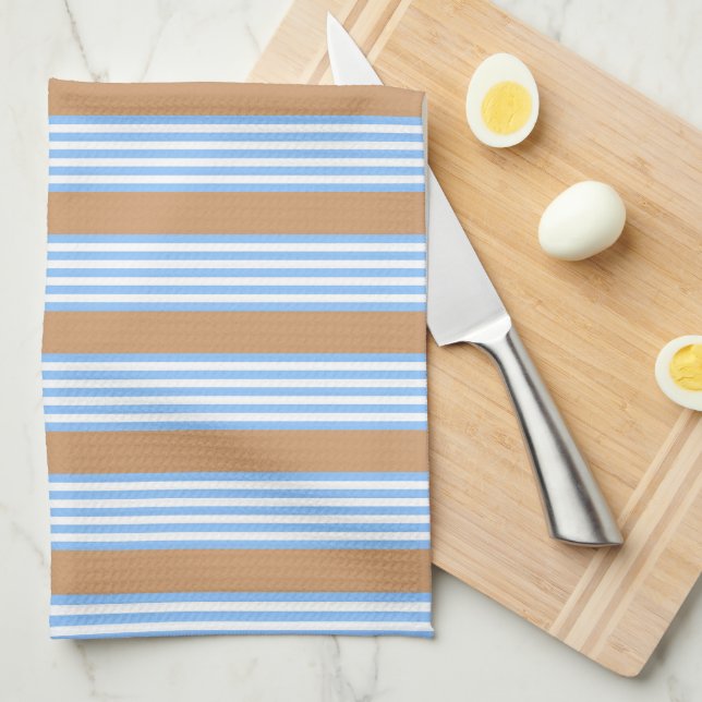 Blue and white five stripes pattern with tan tea towel (Quarter Fold)