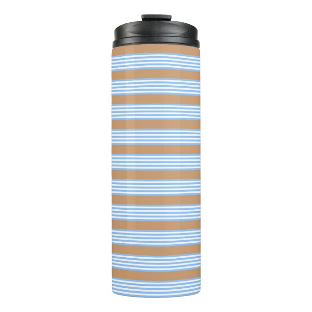 Blue and white five stripes pattern with tan thermal tumbler (Front)