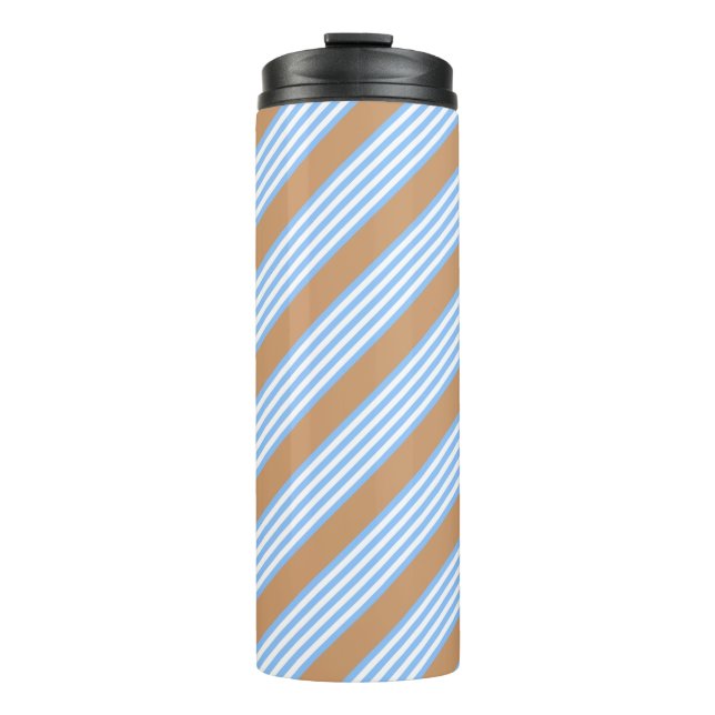 Blue and white five stripes pattern with tan thermal tumbler (Front)