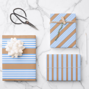Blue and white five stripes pattern with tan wrapping paper sheet