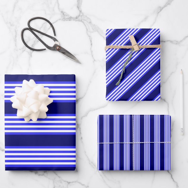 Blue and white five stripes pattern wrapping paper sheet (Front)