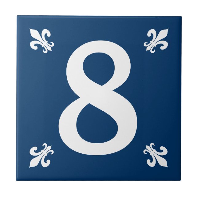 Blue and white fleur de lis house number tile (Front)