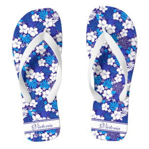 Blue and White Flora Pattern Add Name Personalised Thongs